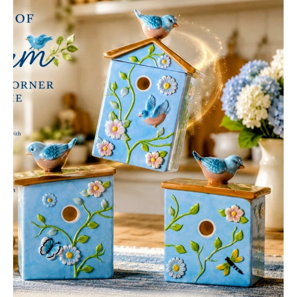 Ceramic Birdhouse Canister Set 3 Piece Bluebird & Floral Nesting Kitchen Jars